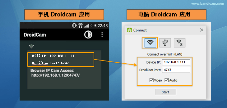DroidCam连接到同一个 Wi-Fi 网络 - Bandicam（班迪录屏）